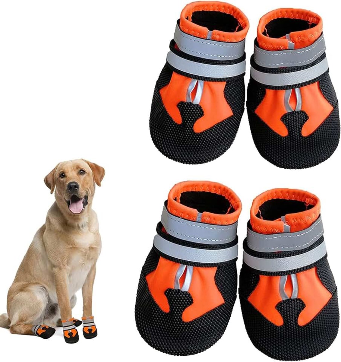 Schoenen met pootbescherming, waterdicht, duurzaam, outdoor, puppyschoenen met reflecterende strepen voor kleine, middelgrote en grote honden, oranje, S