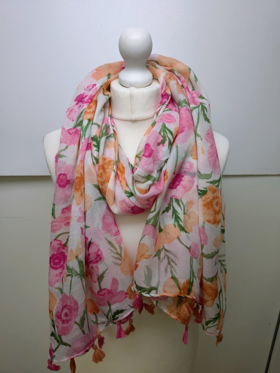 Lange dames sjaal Maryse-gebloemd motief-fuchsia wit groen oranje roze