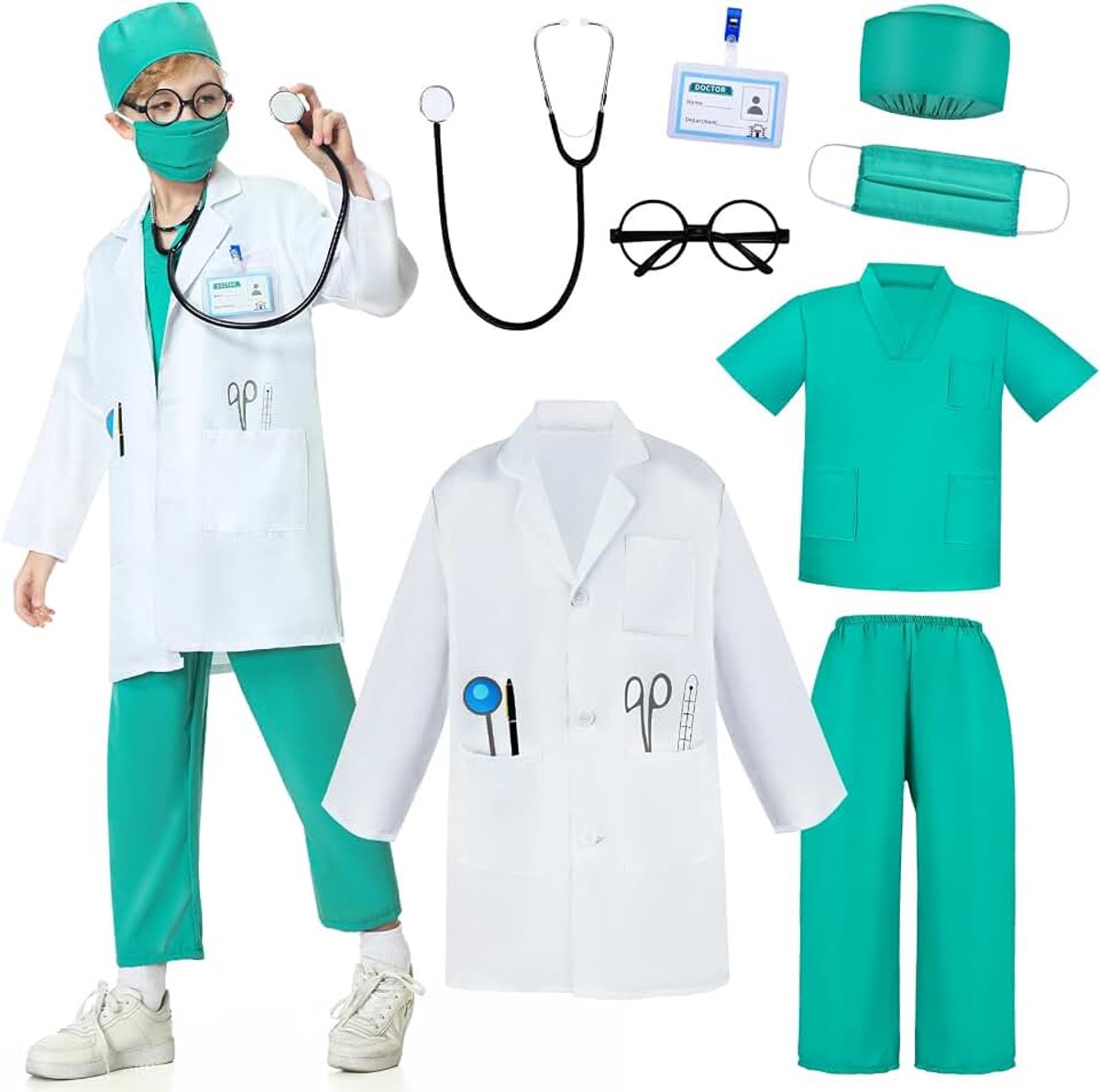 Dokterskostuum voor kinderen, dokterskostuum voor kinderen, dokterskostuum, doktersset, chirurgiskostuum met stethoscoop voor cosplay, carnaval
