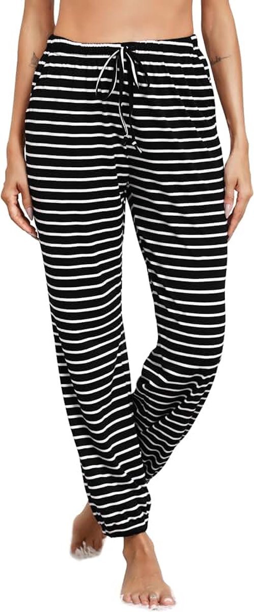 Pyjamabroek voor dames, gestreept, katoen, lang, zacht, nachtbroek met zakken voor loungewear, thuis, vrije tijd