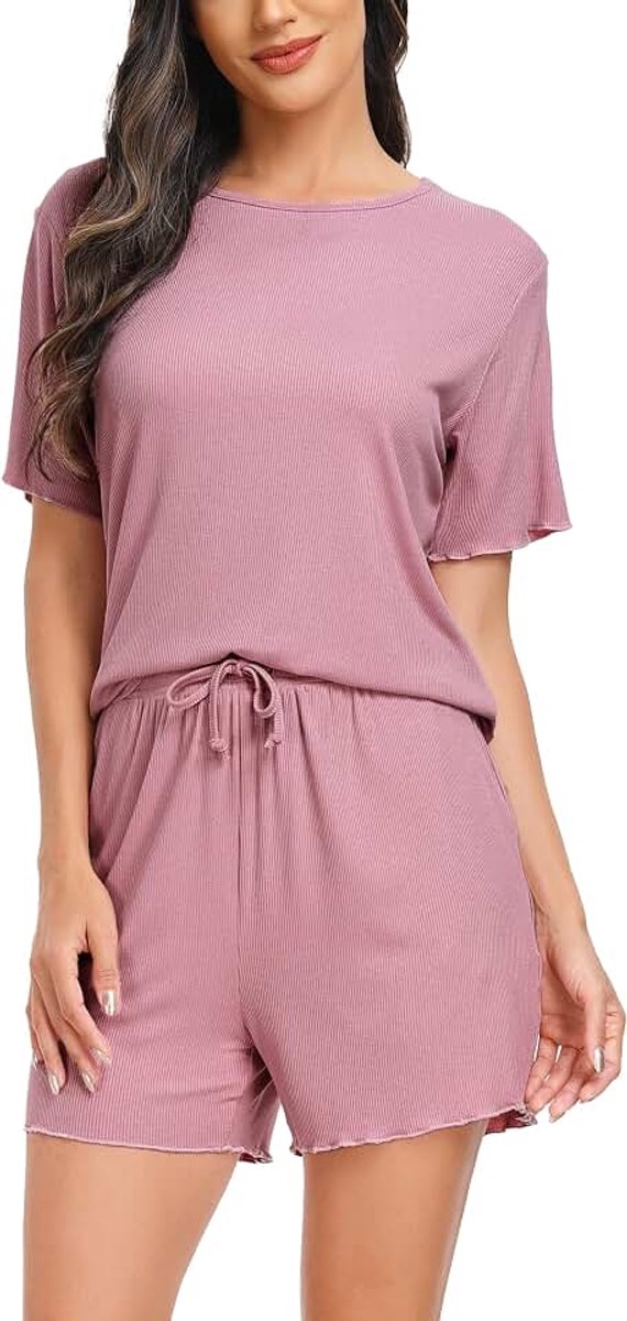 Dames pyjama korte nachtkleding effen pyjama set met ronde hals met ruches zoom zomer, roze, M