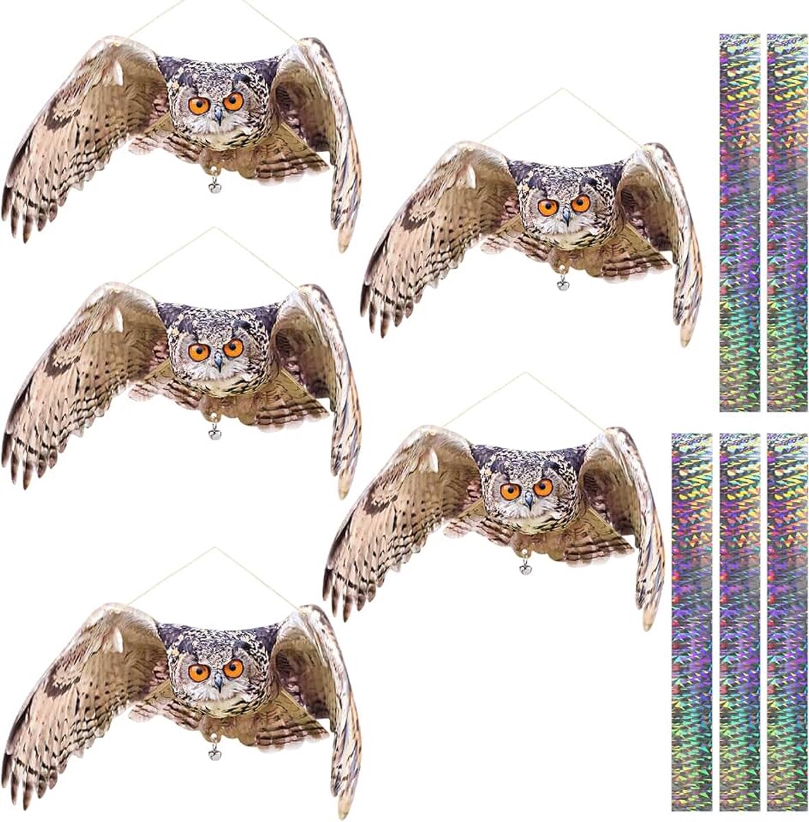 Vogelafweer, vogelverschrikker, balkon, duivenverschrikker voor balkon, papier, platte kunstuil, vogeldummy met reflecterende band, duiven verdrijven, mussen verdrijven
