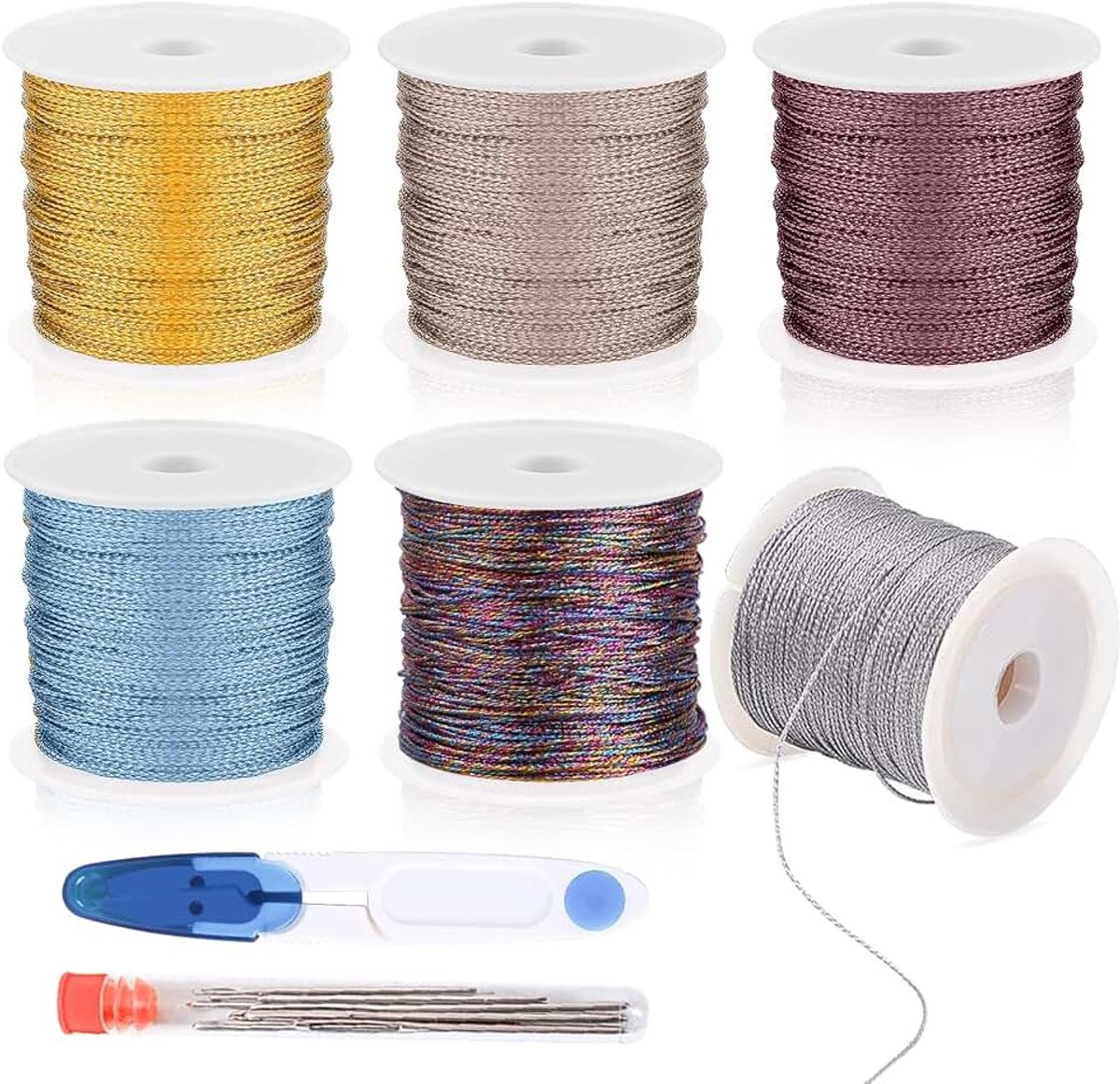 Draad, gekleurde metallic draad om te knutselen, sieradenkoord, 0,4 mm x 50 m, 6 kleuren, voor het maken van doe-het-zelf sieraden