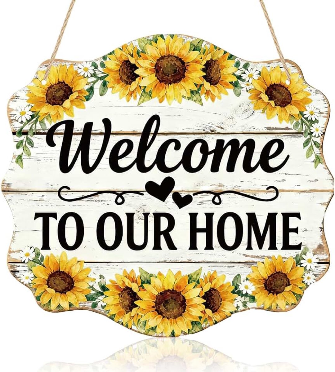 Welkomstbord voor voordeur, welkomsttekst, houten hangende decoratie voor binnen en buiten, 28 x 25,5 cm, huisborden en plaquettes decoraties voor veranda, muur, boerderij, housewarming