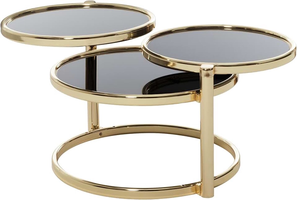 Salontafel 58x43x58 cm Glas Metaal Goud met 3 Zwenkbaar Bladen | bijzettafel rond met qua kleur contrasterend niveaus, glazen tafel handgemaakt, woonkamertafel individueel