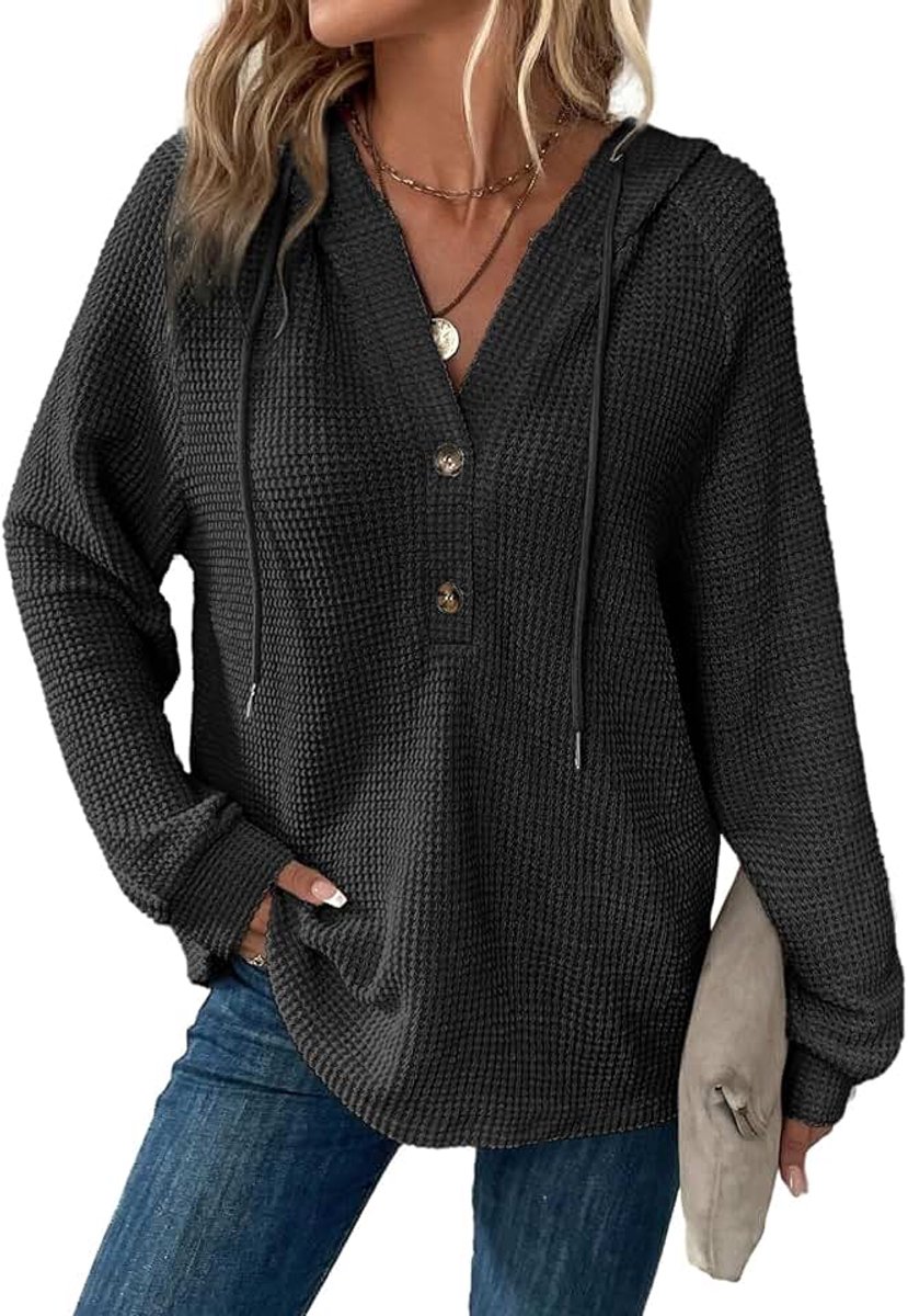 Hoodie dames wafel losse capuchon knoopsluiting sweatshirt V-hals met trekkoord lange mouwen pullover dames met capuchon, zwart, L