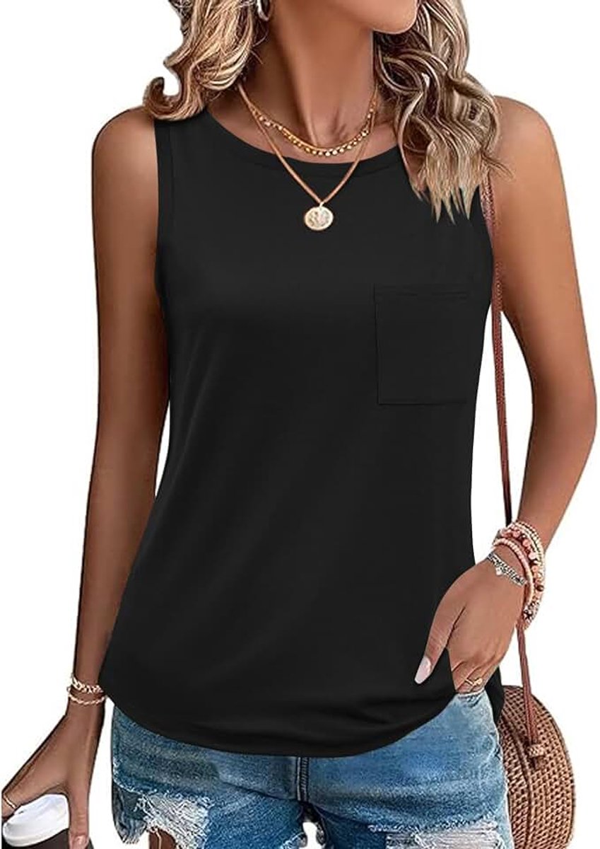 Dames tanktop zomer mouwloos bovenstuk casual caami vest ronde hals T-shirt basic blousetop lichte top met zak