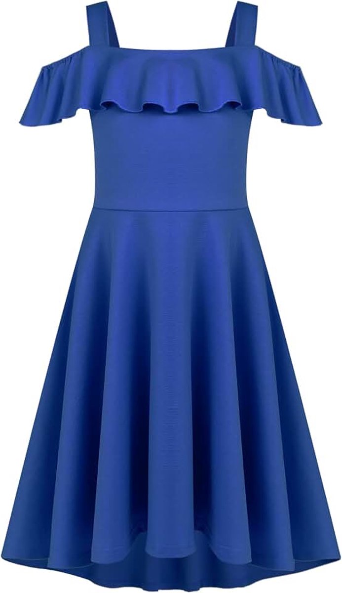 Zomerjurk voor meisjes, elegante schoudervrije jurk voor kinderen, lange en lage jurk, casual jurk met zak, 4-13 jaar