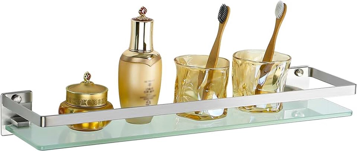 Badkamer Glazen Plank, Doucheplank, Badkamerplank met Rail Roestvrij Staal, Glas Plank Wandmontage, 7 MM Dikte Geborsteld Zilver, 50 CM EGDL1001-50-LS