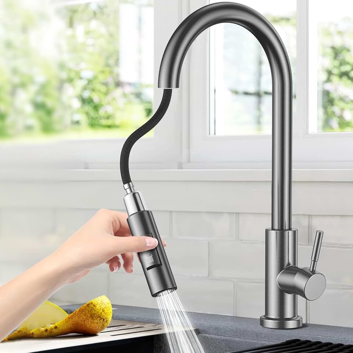 Kraan keuken, hoge boog keukenkraan met uittrekbare sproeier, uittrekbare armatuur, 360° draaibaar, 2 functies, eengreeps wastafelarmatuur keuken, mengkraan wastafelarmatuur