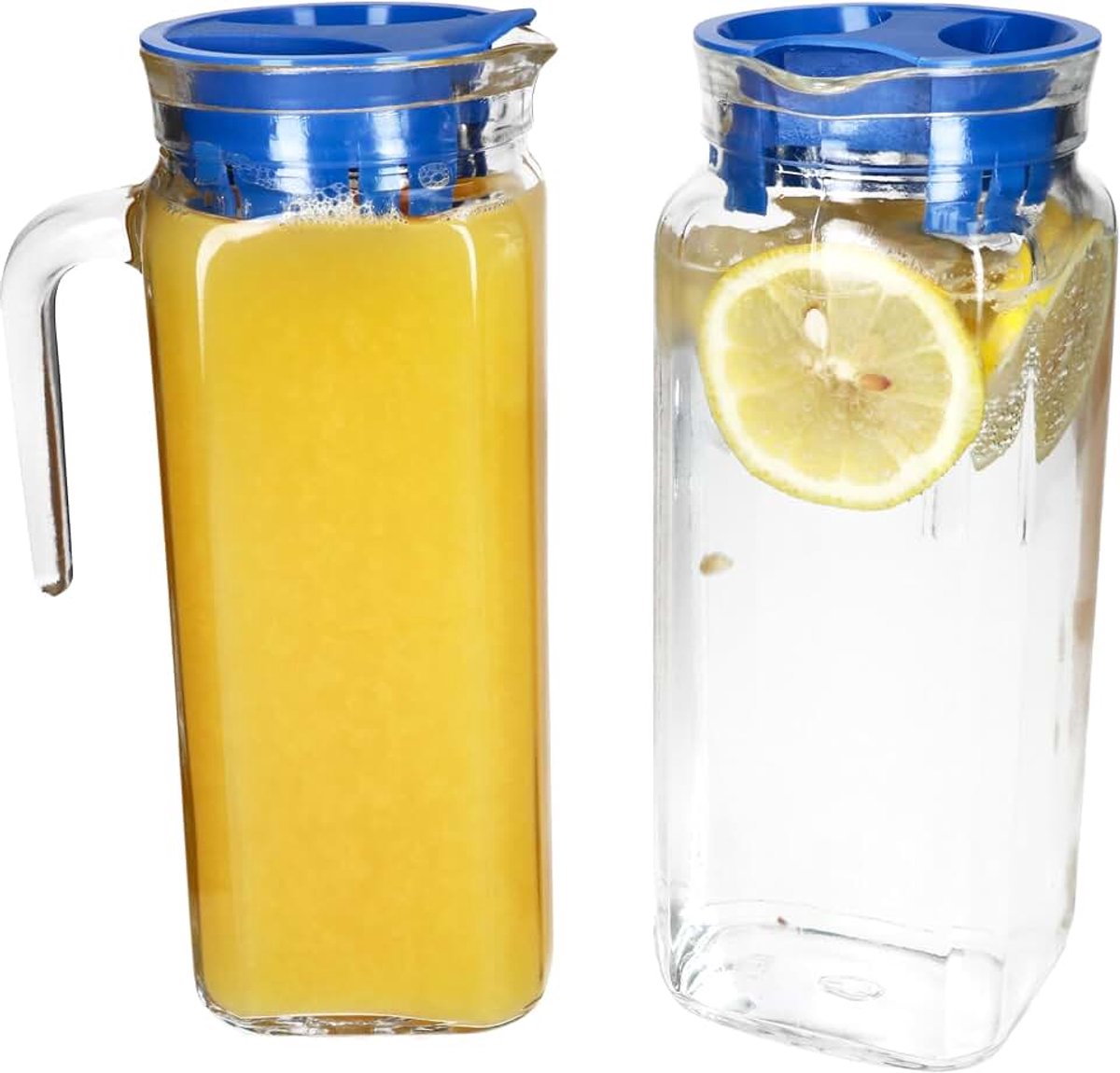 Koelkastkruik, set van 2 stuks, met blauw kunststof deksel, 1 liter, vierkante glazen karaf met schenktuit en handvat voor ijsthee, water, sap, melk enz.