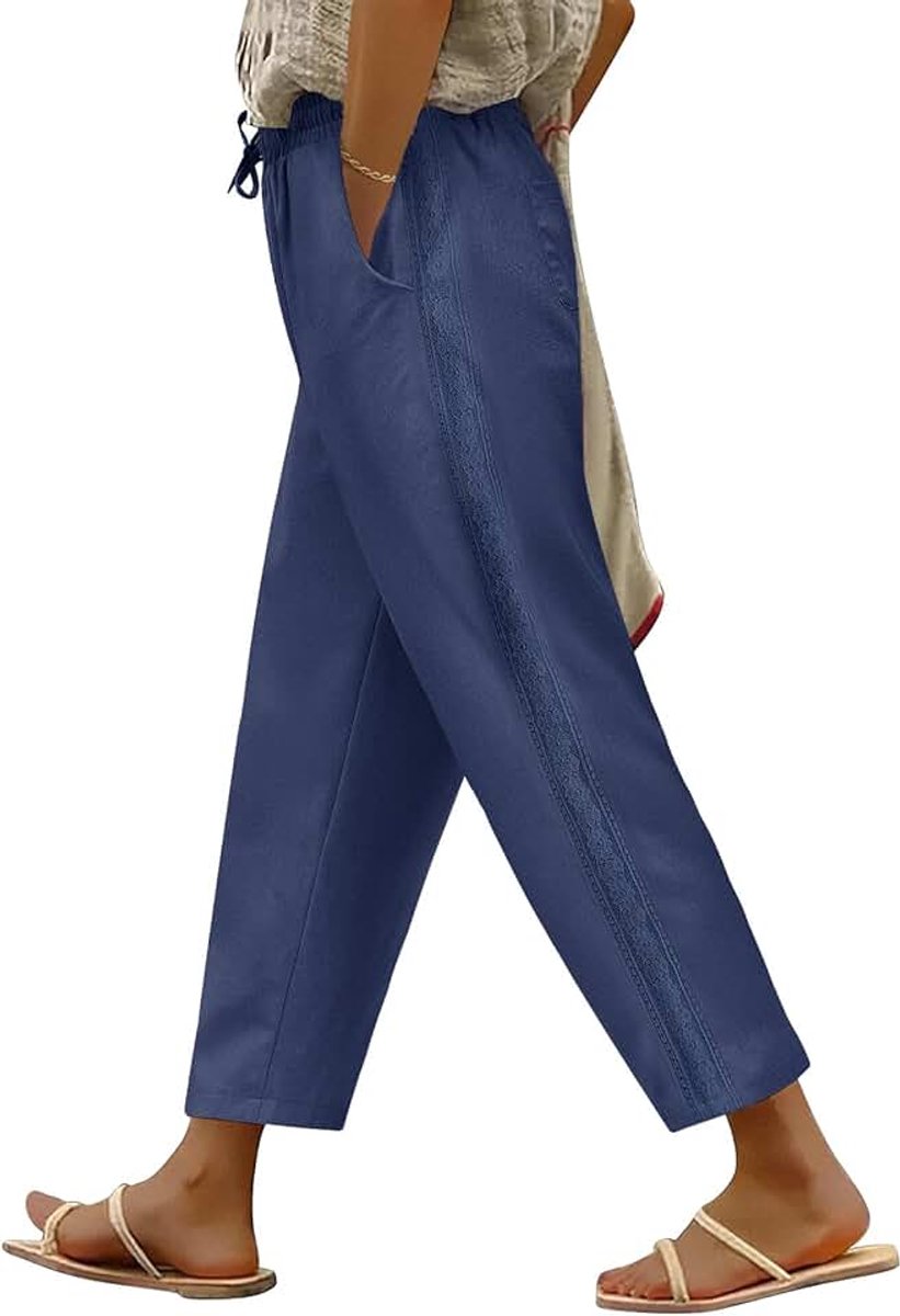 Zomer wijde pijpen bijgesneden broek katoen casual dames elegante elastische taille broek met zakken trekkoord voor strandvakantie dagelijks