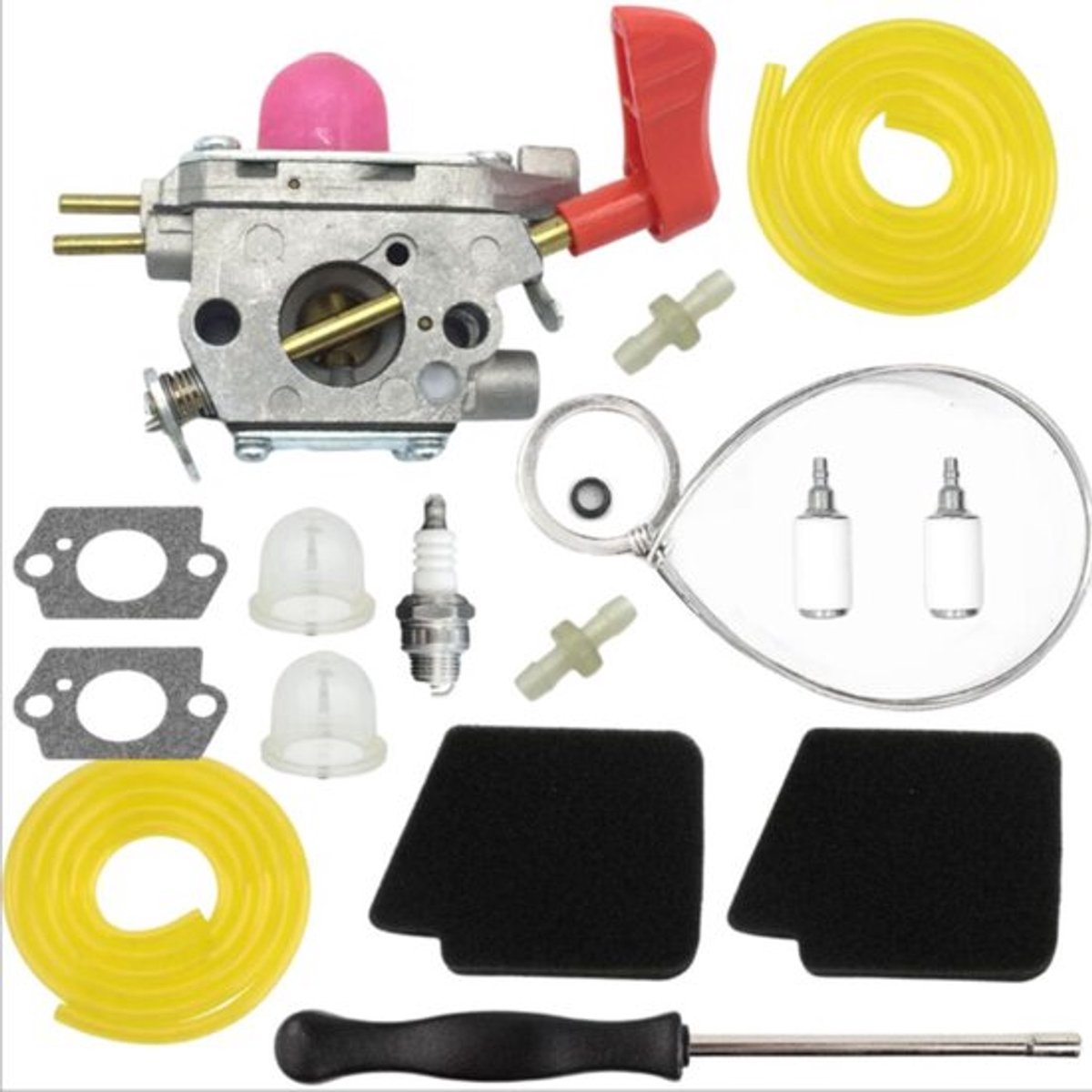 Carburateurset C1U-W43 545081857 geschikt voor VS-2 BVM200FE GBV345 bladblazer, inclusief olieleidingen, oliefilter, oliepomp, schroevendraaier en andere accessoires.