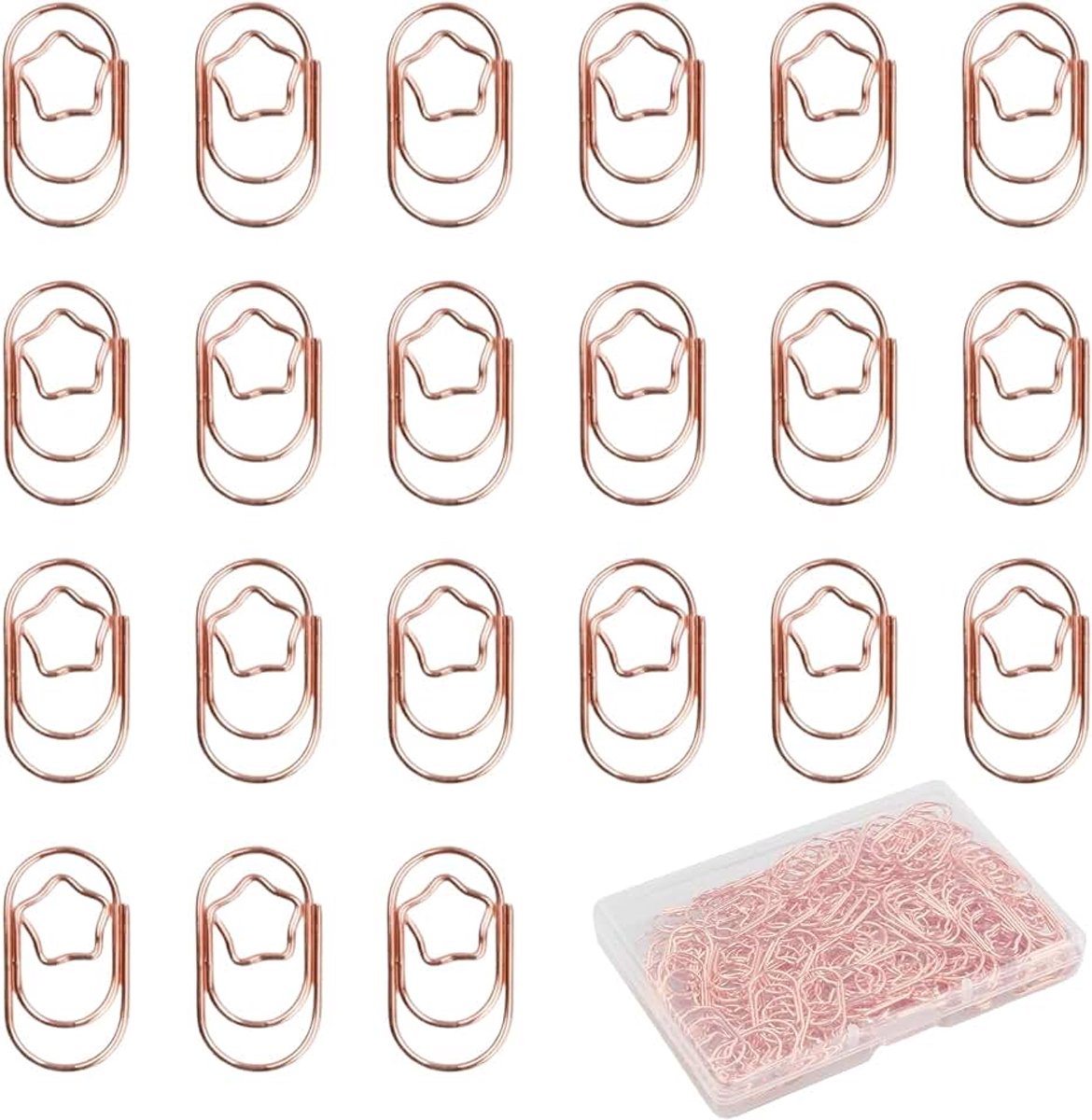 150 stuks paperclips ster, stervormige paperclips gouden paperclips ovaal motief klein met transparante doos paperclips voor kantoor, klaslokaal, aktenklemmen, roségoud