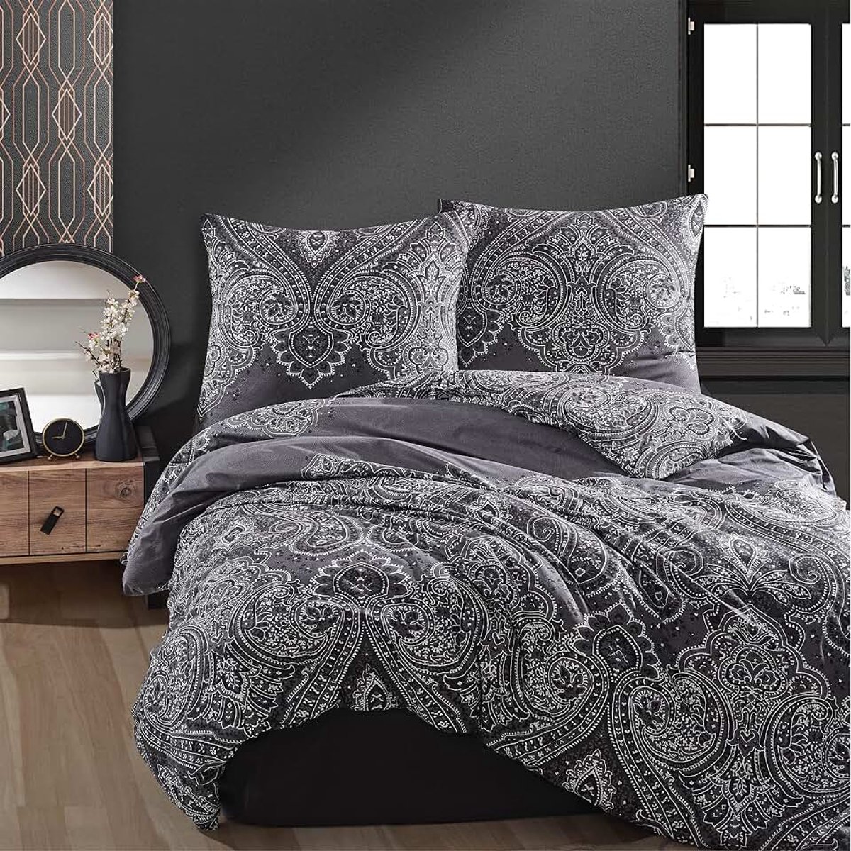Katoenen beddengoed, 200 x 220 cm, beige/bruin verenpatroon, 100% katoen renforcé, 3-delige dekbedovertrekset met 2 hoofdkussenslopen van 80 x 80 cm, omkeerbaar, met ritssluiting, Salem