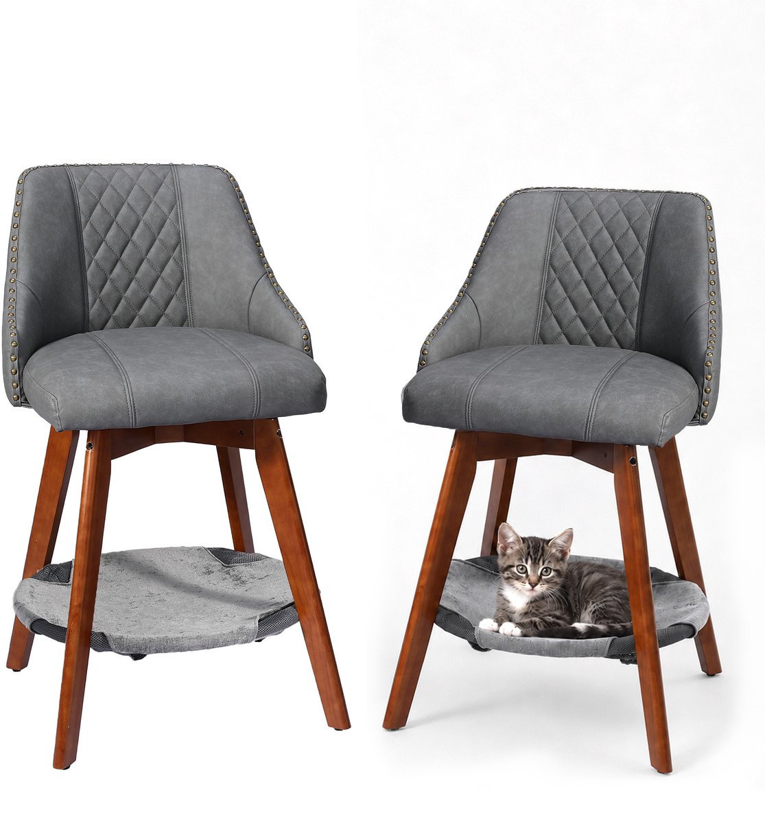 HomeMiYN Set van 2 Barkrukken , 360° Draaibare Barstoelen met PU Leder, Vintage Keukenkrukken met Ergonomische Rugleuning en Huisdierzitje