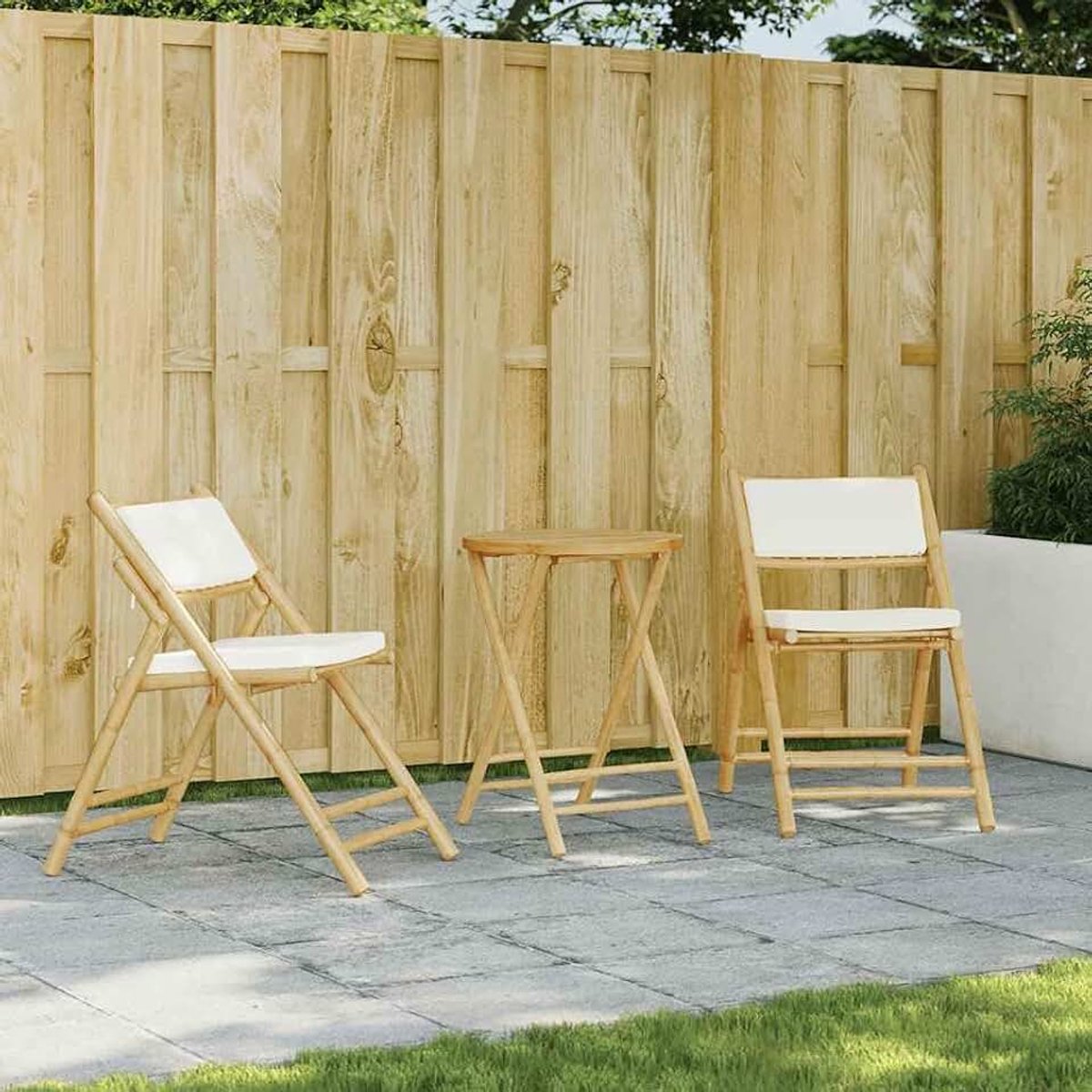 2 stuks bistro-klapstoelen met crèmekleurige bamboe kussens van duurzame stof, wasbare hoezen, voor tuin en eetkamer, belastbaar tot 110 kg