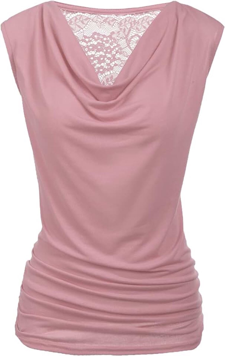Blouse dames zomer mouwloos bovenstuk elegant V-hals waterval shirt plooien kant top stretch tuniek blouses, roze lila, M