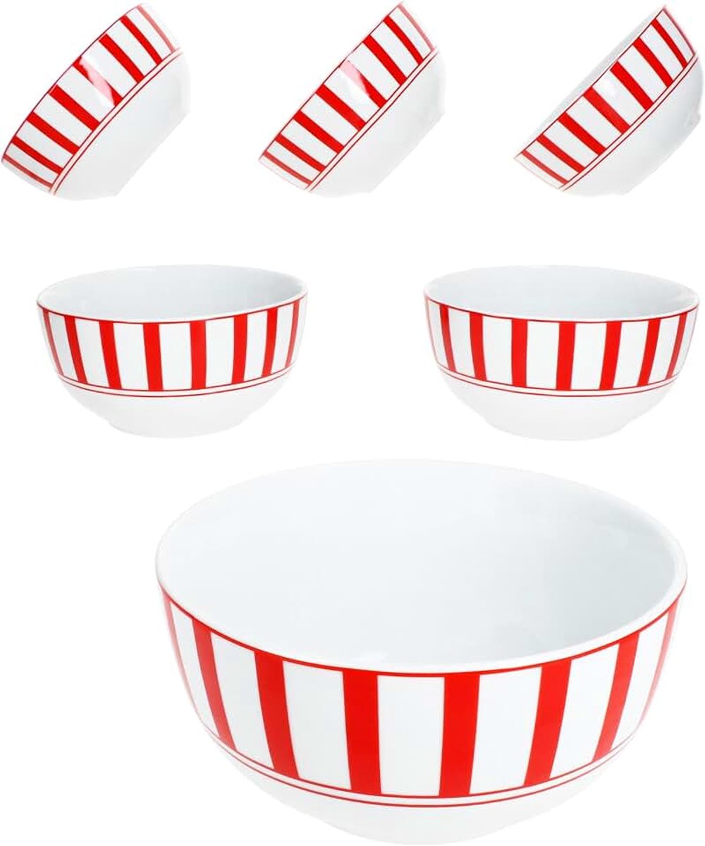 Split rood set van 6 mueslikommen 14 cm, 400 ml, witte porseleinen kom met strepen voor 6 personen, schaaltjes voor salade, soep, muesli, chips enz.