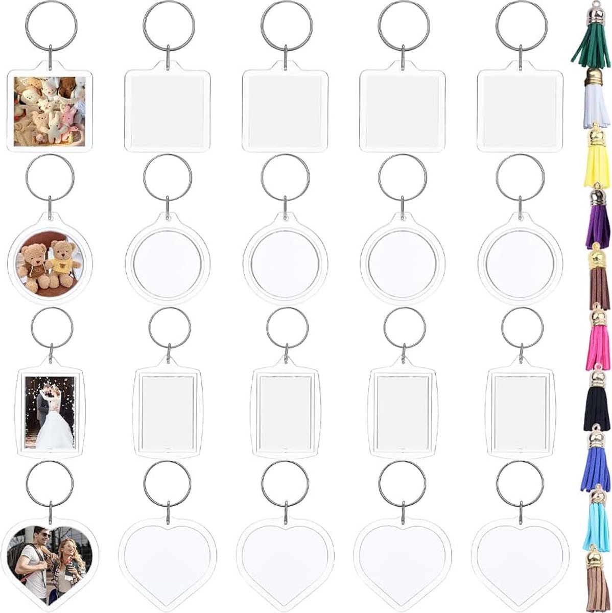 40-delige acryl sleutelhangerset met kwastjes, transparante blanco fotolijst in 4 vormen voor volwassenen, zelf vorm te geven, fotohangers