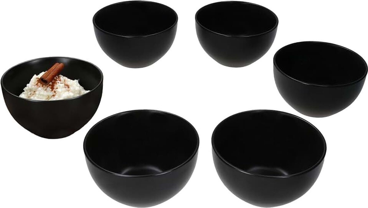 Panther Set van 6 kommen, 14,2 cm, zwart, 450 ml, matte aardewerkkom voor 6 personen, schaaltjes voor salade, soep, muesli, chips en dergelijke, servies voor ontbijt, lunch en avondbrood