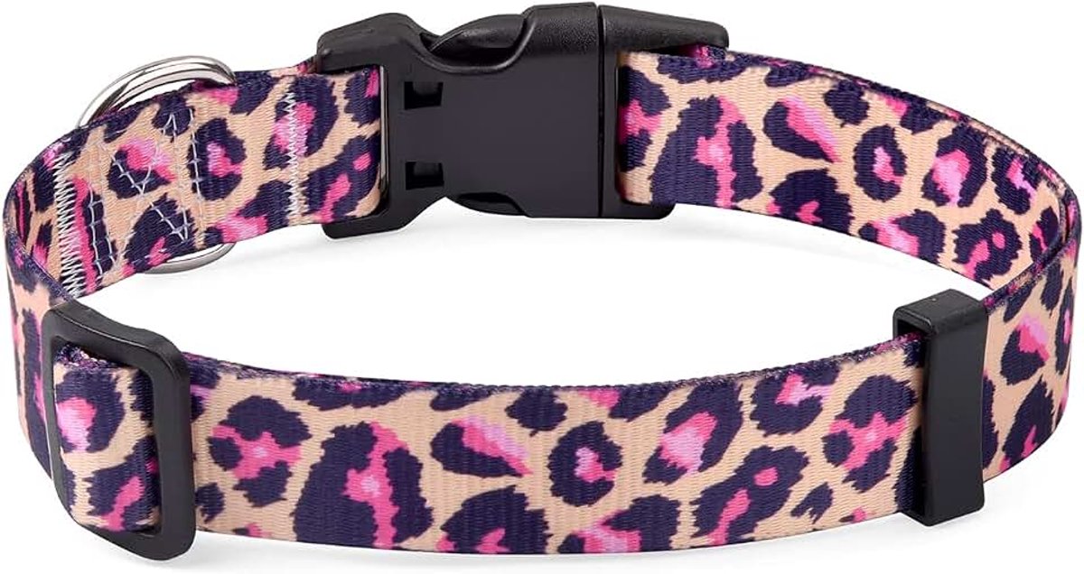 Zachte hondenhalsband in etnische stijl, verstelbaar, voor kleine, middelgrote of grote honden, met Boheemse, bloemen, tribal, geometrische patronen (roze luipaard, S)