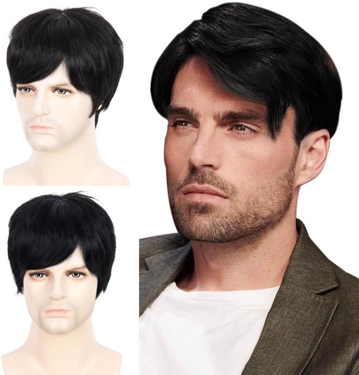 Korte mannenperruque van echt haar voor dagelijks gebruik en cosplay, natuurlijk zwart, perfect voor 70s en 80s kostuums