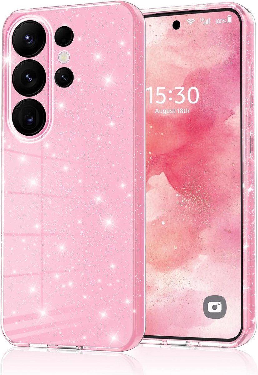 Telefoonhoesje voor Samsung Galaxy S26 Ultra, glitter, siliconen TPU, anti-vingerafdruk, stootvaste beschermhoes, dun, krasbestendig en valbeveiliging, roze