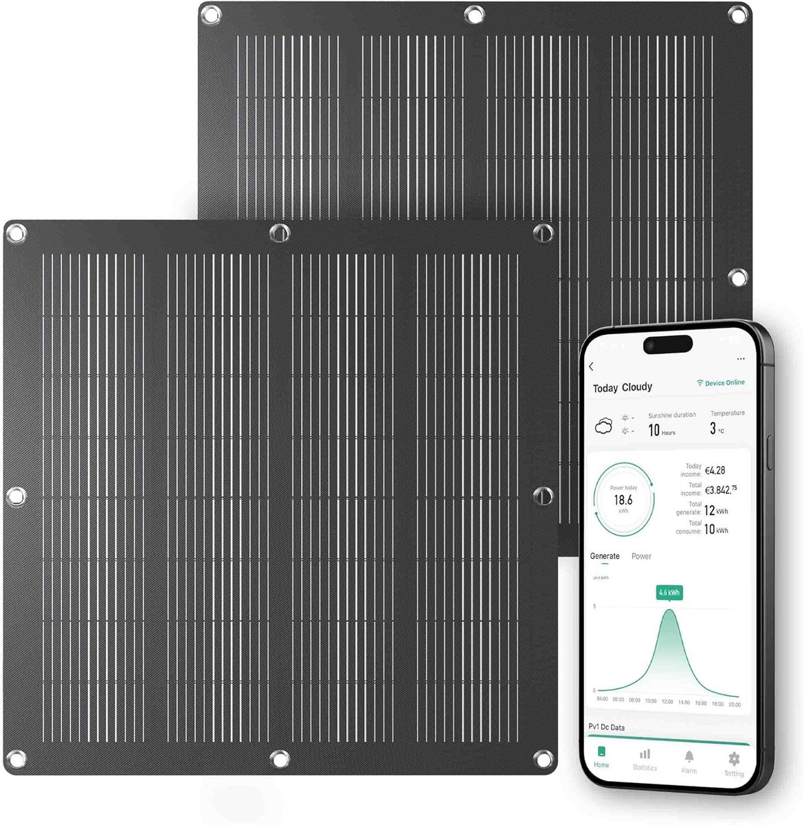 Set 2x110W, Semi-Flexibel & Lichtgewicht, IP44 Waterbestendig, Met App Monitoring, Voor Balkon & Tuin, Opbrengst ca. 150 kWh/jaar, Zwart