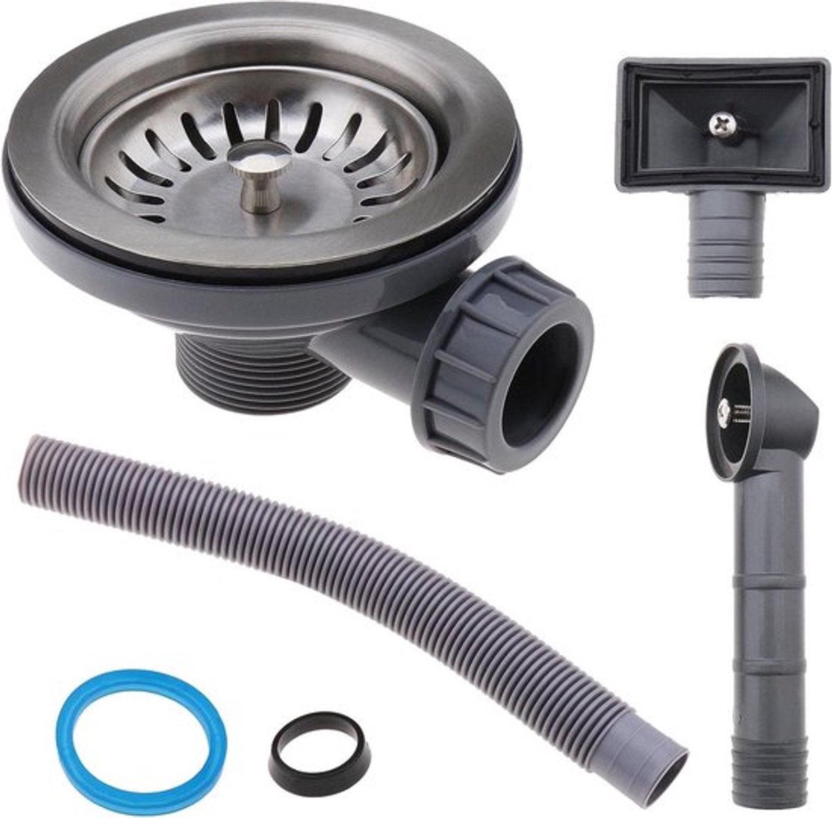 Set van 3 RVS Afvoerpluggen voor Keukensink met Vierkante en Ronde Overloopdeksels - 120mm voor 4.5cm Afvoer, Inclusief Afvoerzeef en Stopper