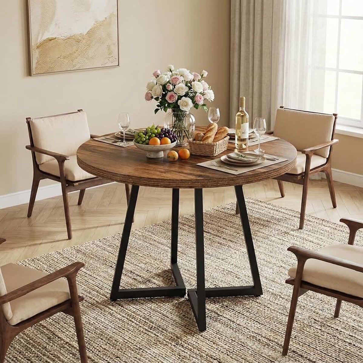 80cm Eettafel, Eetkamertafel Rond, Industrial Dining Table, Eettafel Bruin Zwart, Dining Table For 2, 80 x 80 x 75 cm, Rustic Brown & Black