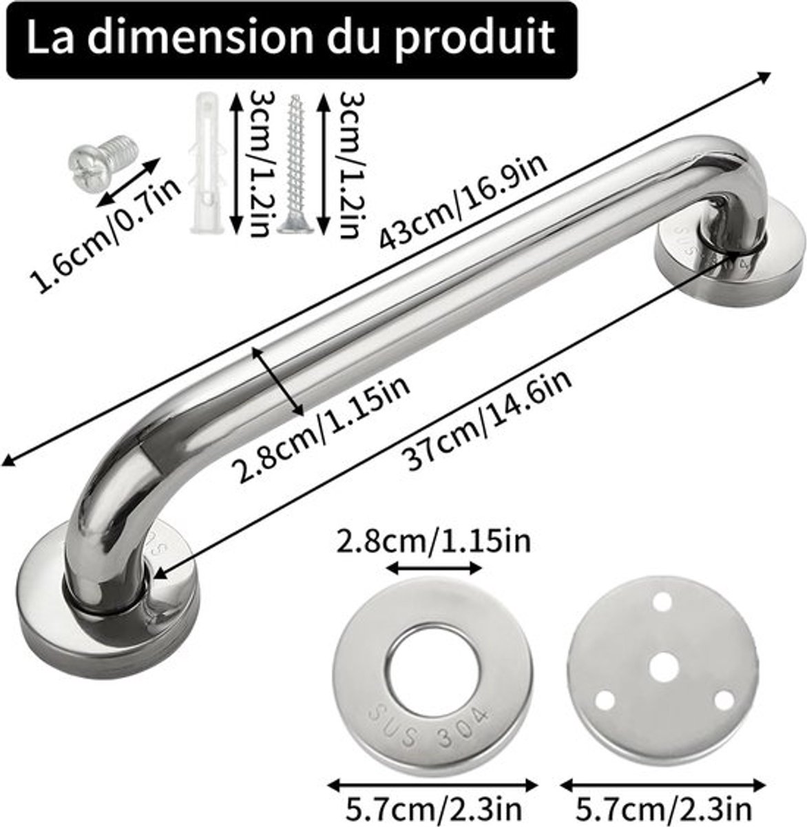 Douche Handgreep - Badgreep Steun - Veiligheid Vergroten - Roestvrij Staal - 40 cm - Zilver