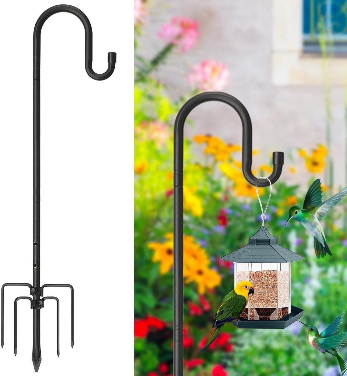 Zwarte 195 cm Lange Tuinhaak voor Vogelvoederdispenser en Hangende Lampen, Verstelbaar Metaal met 5 Tanden