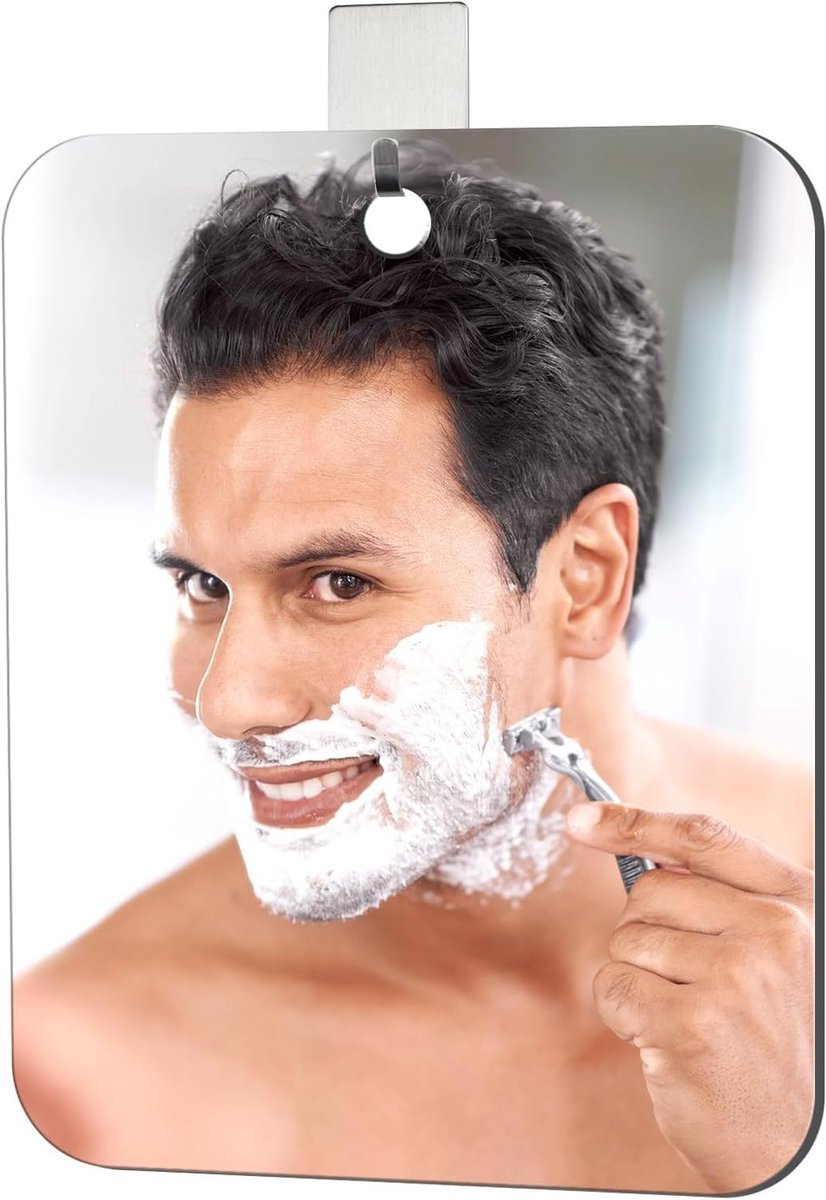 Verwarmd en Antifog Douche Spiegel 25 x 20 cm, Ideaal voor Scheren, Badkamer en Camping, Inclusief Plakhaak en Compact Ontwerp