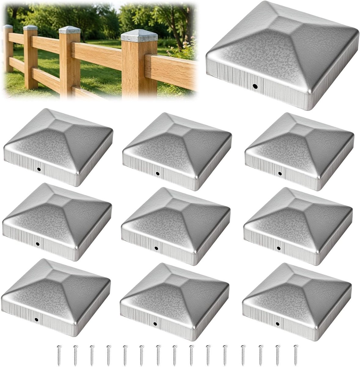 9 x 9 cm paaldoppen set met 10 verzinkte stalen afdekkappen en 20 schroeven, roestvrij en duurzaam, ideaal voor hekwerk en houten palen, massieve paalafdekking voor optimale bescherming