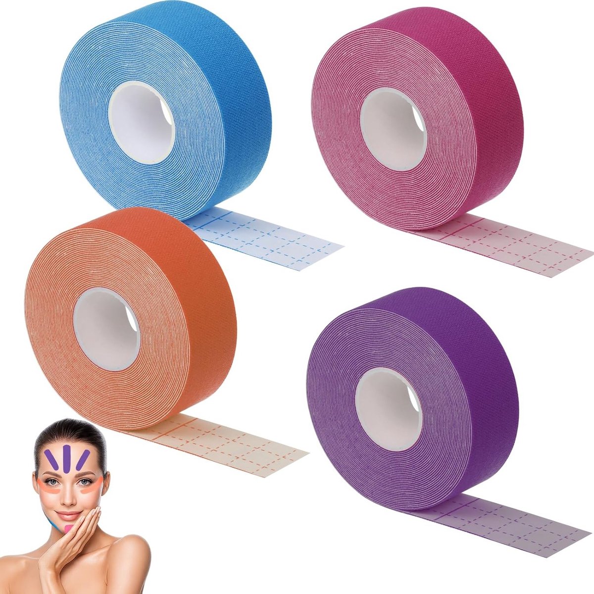 Anti-Wrinkle Face Lifting Tape voor Strakkere Huid - 4 Rollen van 2.5cm x 5m in Diverse Kleuren voor Anti-Aging en Huidversteviging