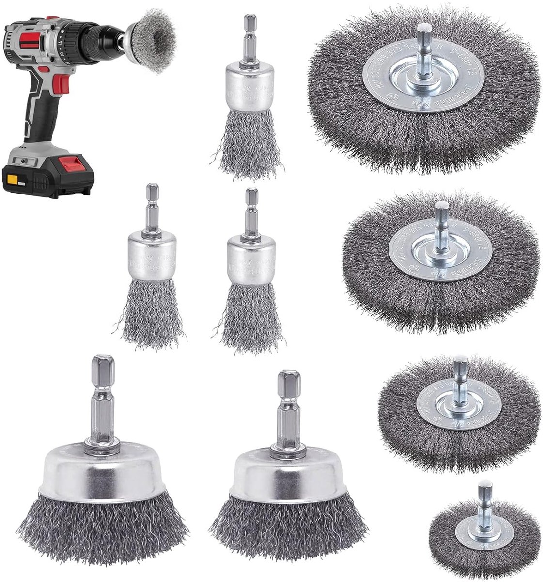 9-delige Draadborstel Set voor Accuschroevendraaier met 6 mm Hex Stang voor Schuren, Polijsten en Ontdooien