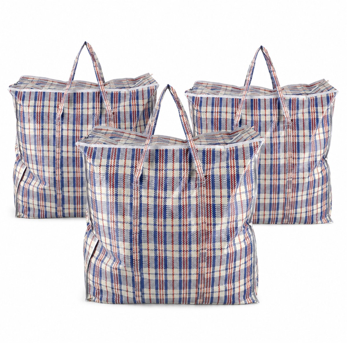 Opbergtas met Rits 90L – 3 Stuks Grote Opbergtassen voor Dekbedden, Kleding, Wasgoed en Verhuizen – Big Shopper XL – Boodschappentas met Rits – 60 x 60 x 25 cm – Blauw Wit Rood
