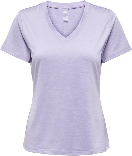 Paars sportshirt met korte mouwen en V-hals.