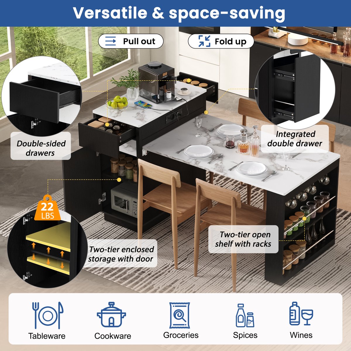 STILVORA Eettafel - Uitschuifbaar Keukeneiland Met LED, Stopcontact En Opbergruimte - Voor Keuken En Eethoek - MDF - 154x80,5x94 Cm - Zwart;Wit