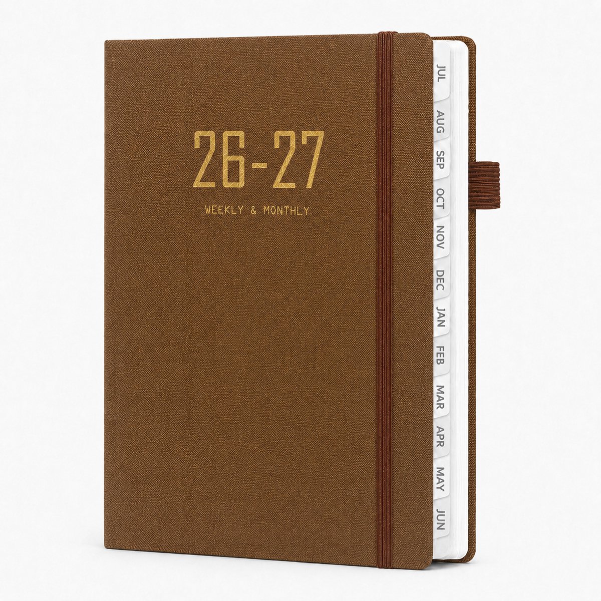 Agenda 2026-2027 - A5 Dagplanner -21*15.5cm - 2026 t/m2027 - Weekplanner met Uurindeling - Inclusief Kleurtabbladen en Penhouder - Hardcover Organizer voor Werk en Studie-Bruin