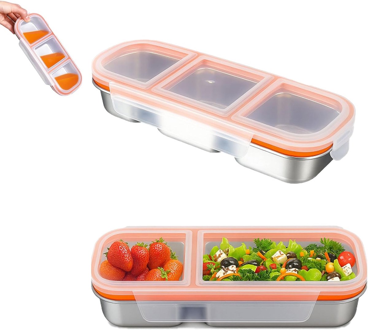 VHV - Lunchbox - RVS snackdoosjes met 2+3 vakken - Bento box - Lekvrije deksels - Stapelbaar - Herbruikbaar - Voor school, kinderopvang, werk en meal prep - Set van 2 - Zilver