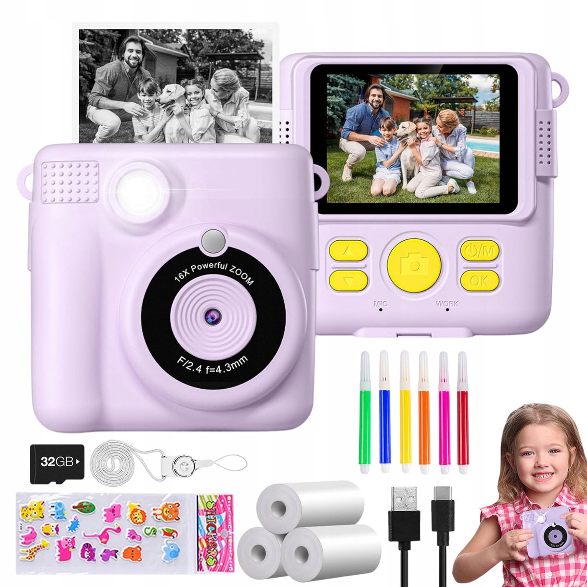 Digitale Kindercamera met Foto Printer - Instant Print Camera - Thermische Printer - Instantcamera Voor Kinderen - 2,4 inch IPS - 16x Zoom - 6 Kleurpotloden & Stickers - 32 GB - Speelgoedcamera - Voor School & Reis & Feest - Paars