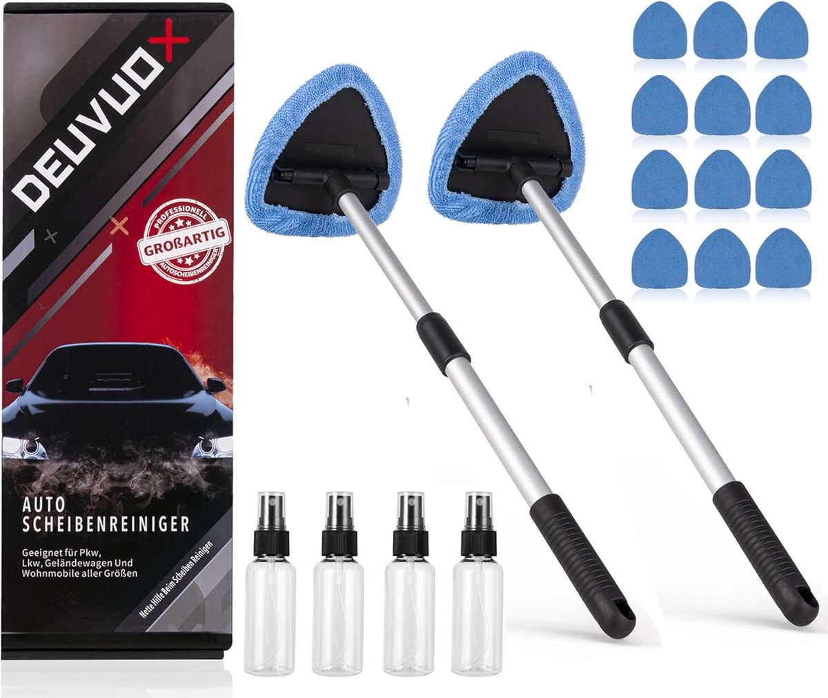 SnelShoppen - Pack van 2 Ruitenreiniger, Uittrekbare Auto Raamreiniger met 12 Microvezel Pads en 4 Sprayflessen, Multifunctionele Ruitenreiniger Set v