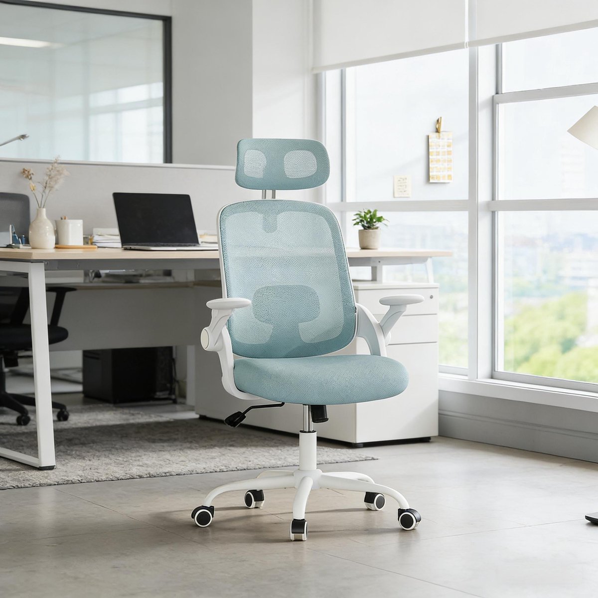 DESMIU Bureaustoel - Hoog Model - Ergonomisch Met Verstelbare Hoofdsteun En 3D Armleuningen - Voor Kantoor En Studeerkamer - Mesh Blauw