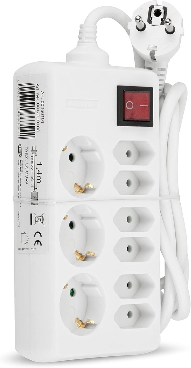 SnelShoppen - Power Strip 9-Weg Stekkerdoos 1.4 m, Max 3500 W, Wit, Geschikt voor Euro en Hoekstekkers, Ideaal voor Thuis en Kantoor