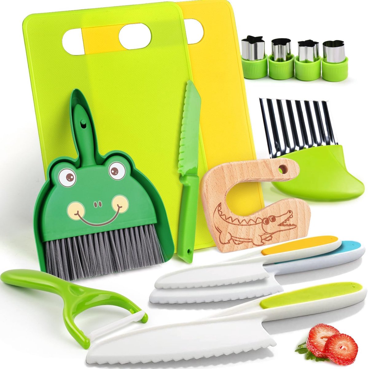 SnelShoppen - Kids Knives - 14-delige Kindveilige Keuken Set met Houten Messen, Snijplank, Y-Vormige Schiller - Kinderen Koken, Groenten en Fruit Snij