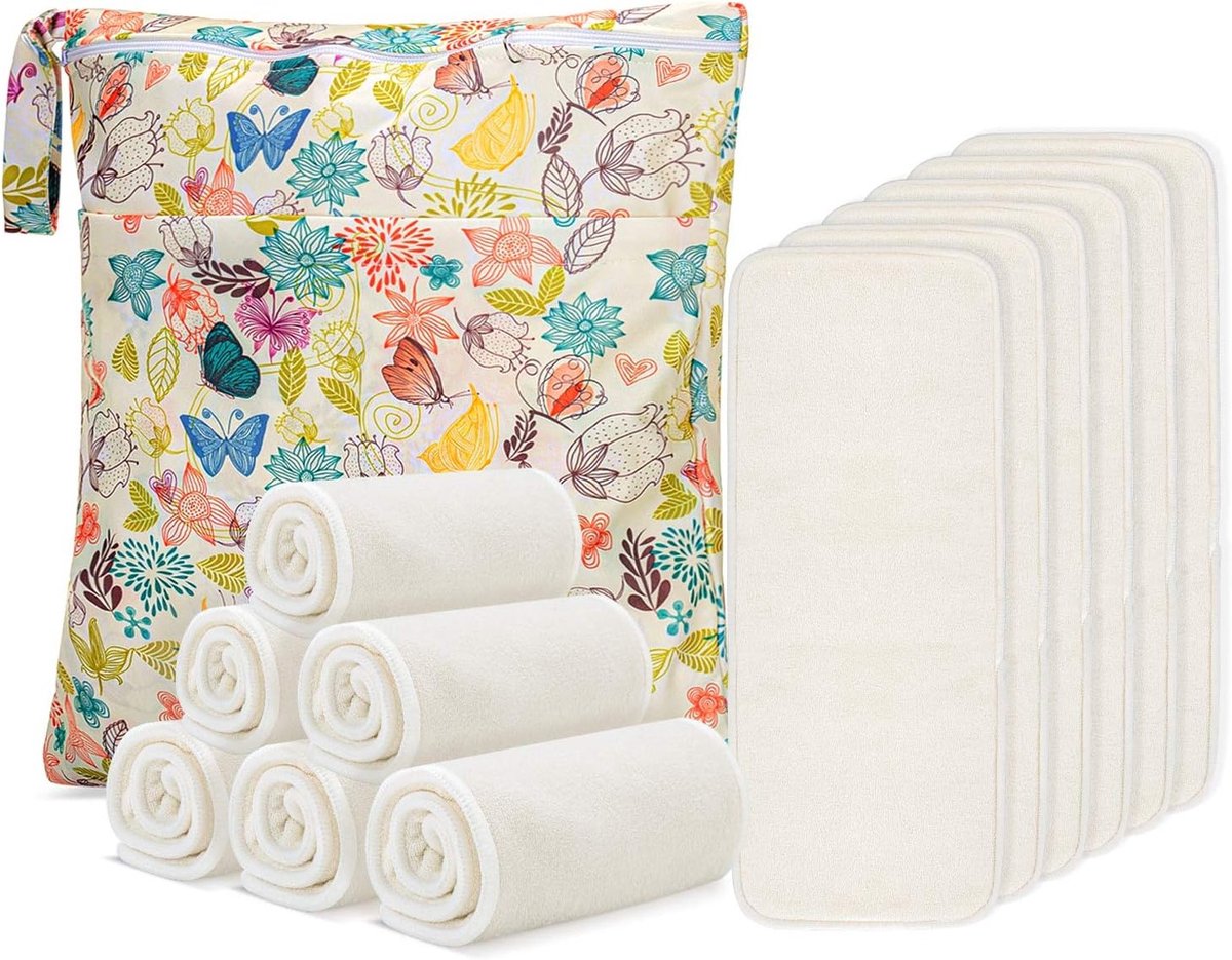 Herbruikbare Luierinleggers (Set van 12) met Nat-Droog Tas, 5 Laags Bamboe Luierinleggers, Geschikt voor de meeste Pocketluiers en Luierhoezen, Duurzaam en Milieuvriendelijk