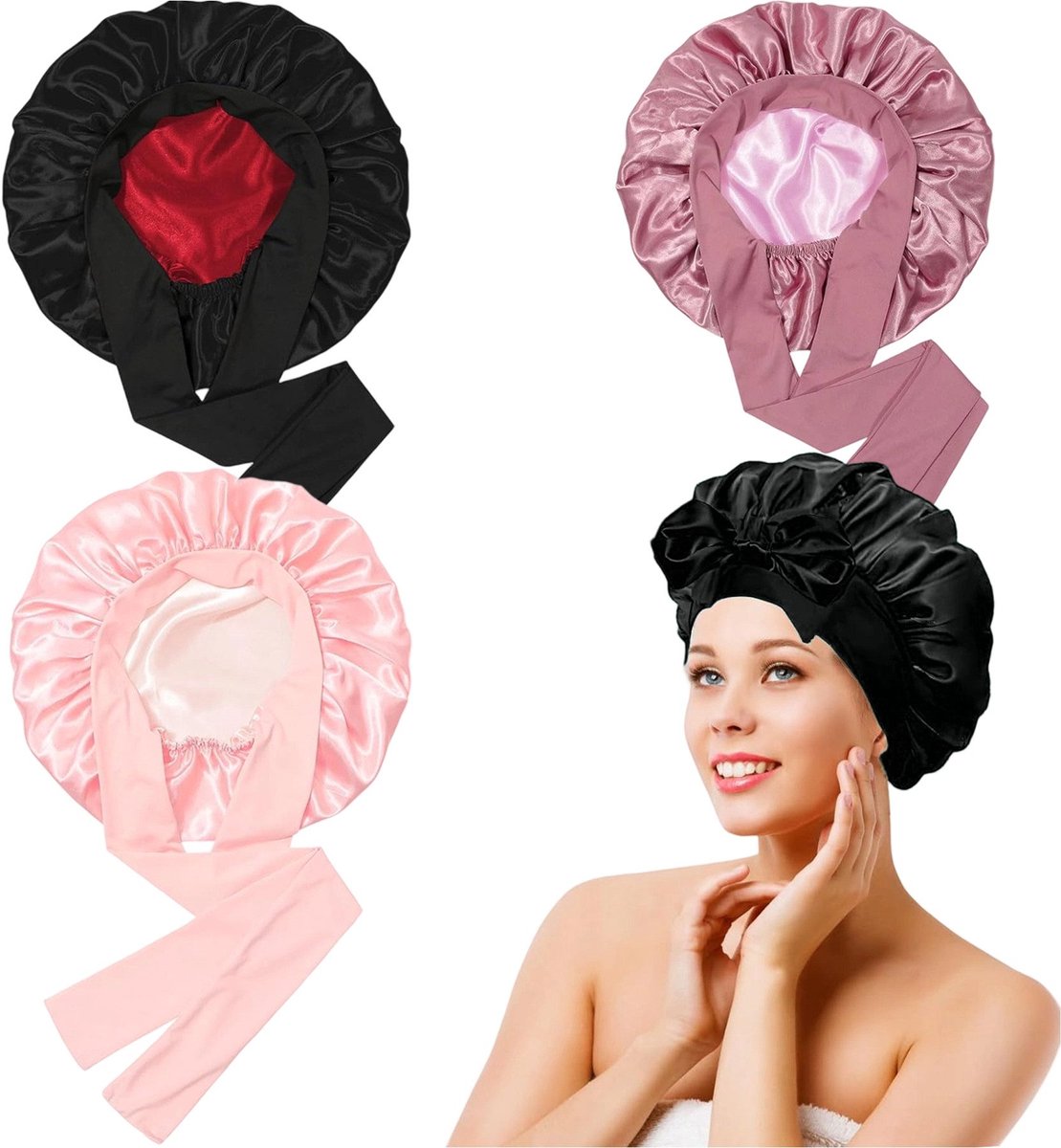 Satijnen Slaapmuts & Douchemuts- 3 Stuks- Verstelbare Dubbelzijdige Bonnet Satijn met Brede Elastische Band- Haar Bonnet Satijn voor Krullend en Steil Haar- Dames en Heren