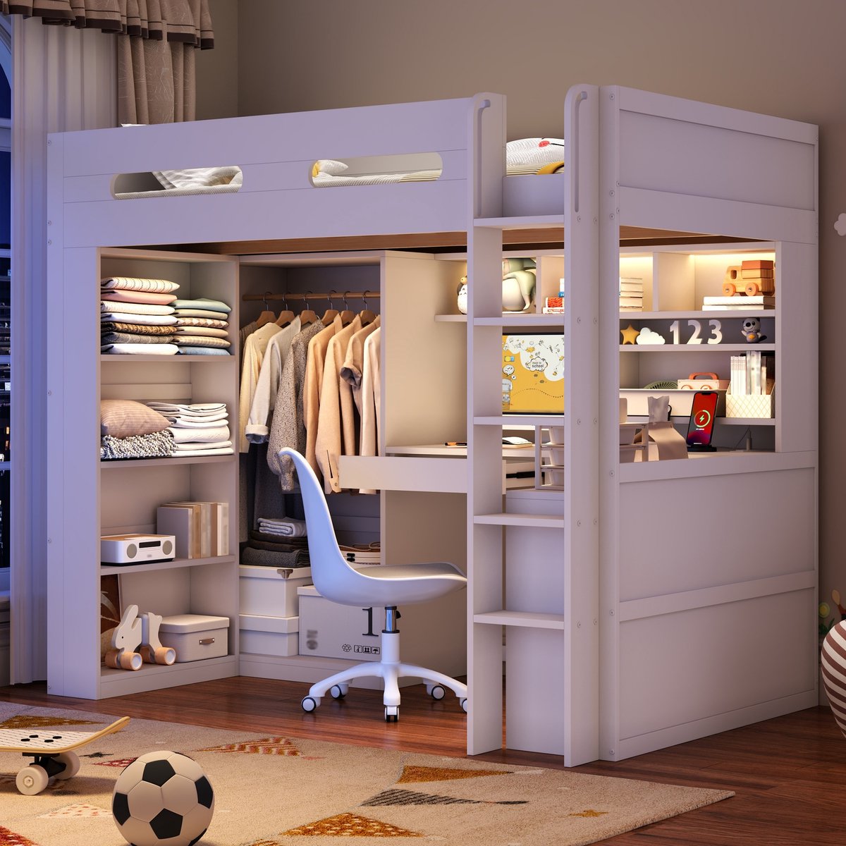 Hoogslaper 90x200 cm - Met Bureau, Kledingkast, Lade en LED Verlichting met USB - Zonder Matras - Hout en MDF - Wit